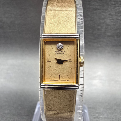 Seiko Tank Watch Women 12mm Gold Dial Gold Tone Rectangle 2E20-5409 New Battery0