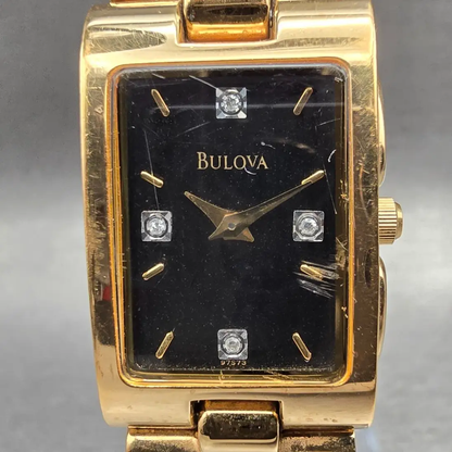 Bulova Tank Watch Women 18mm Black Dial Gold Tone Rectangle 97S73 New Battery1