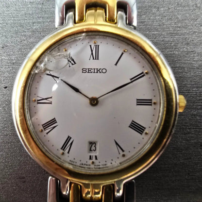 Seiko Watch Men 34mm White Dial Two Tone Date Round READ!! 7N39-7029 New Battery1