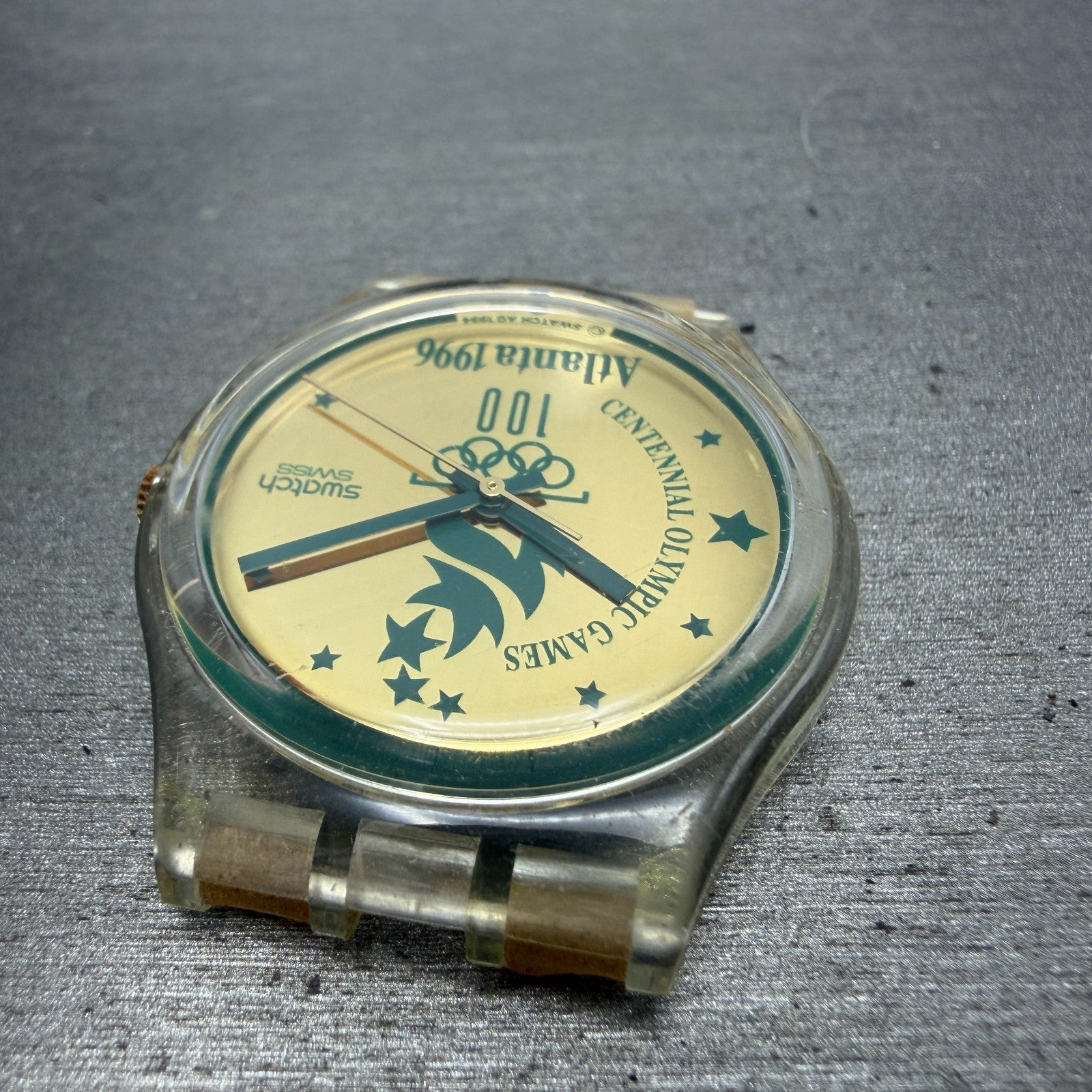Swatch Olympics 1996 Watch Men 34mm Gold Dial Clear Round GZ136 New Battery 1234