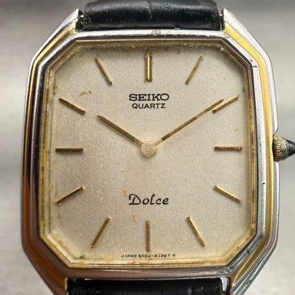 Seiko Dolce Watch Men 29mm Champagne Dial Two Tone Rectangle 6020-5930 New Batt1