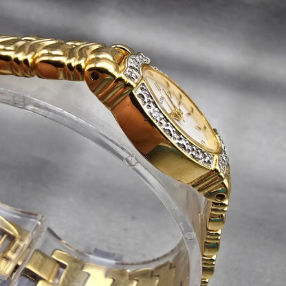 Bulova Watch Women 16mm Ivory Dial Gold Tone Gemmed Oval 98R37 New Battery3