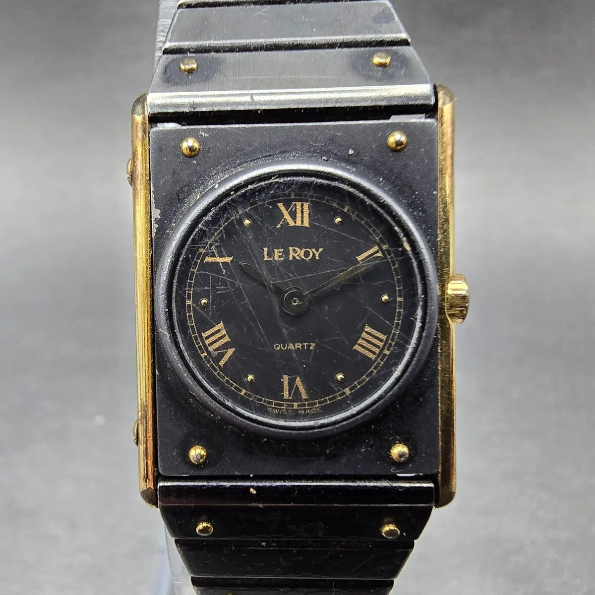 Leroy Tank Watch Women 20mm Black Dial Gold Black Rectangle 8802 New Battery VTG0