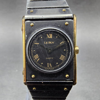 Leroy Tank Watch Women 20mm Black Dial Gold Black Rectangle 8802 New Battery VTG0