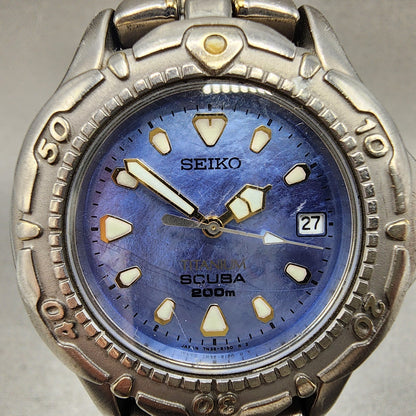 Seiko Scuba Dive Watch Men 38mm MOP Dial Titanium Tone Date 7n356120 PARTS2