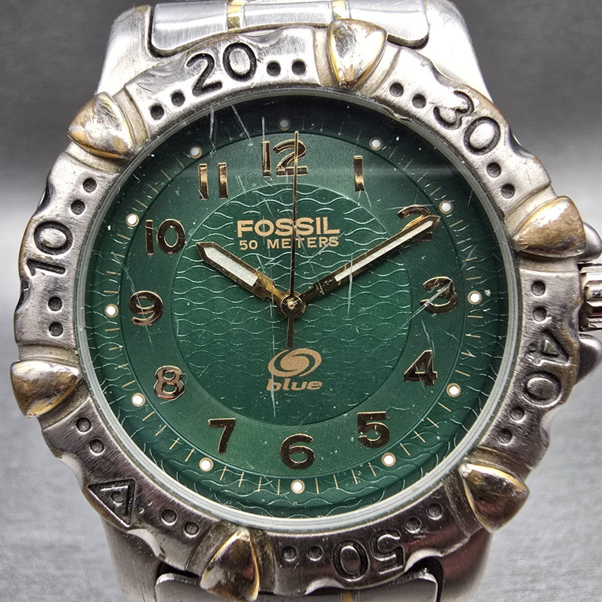Fossil Blue Watch Men 40mm Green Dial Two Tone Round AM-3065 New Battery1