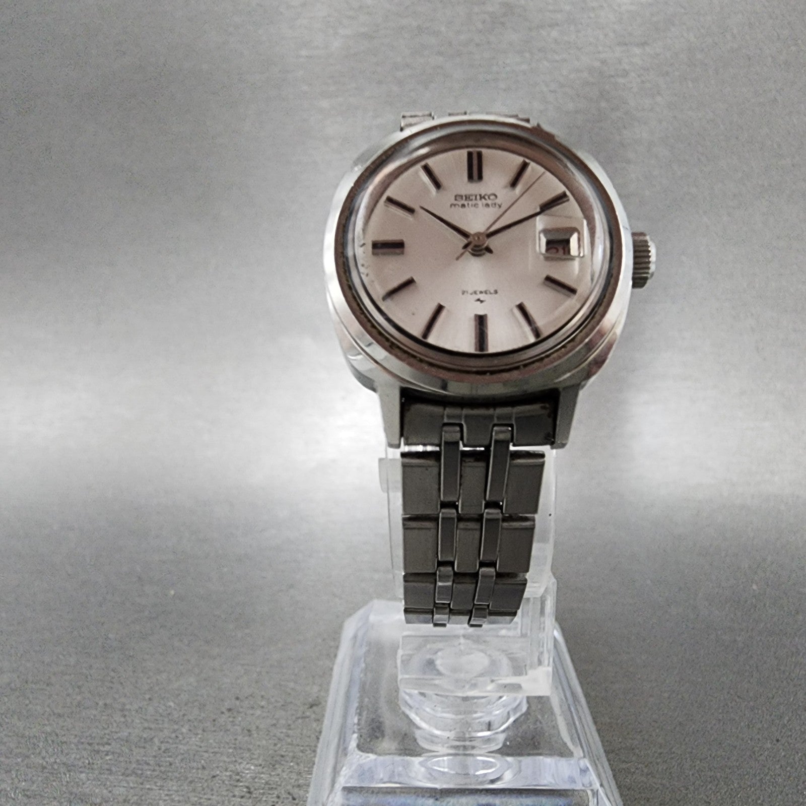Seiko Matic Lady Watch Women 24mm White Dial Silver Tone date Round Runs VTG5