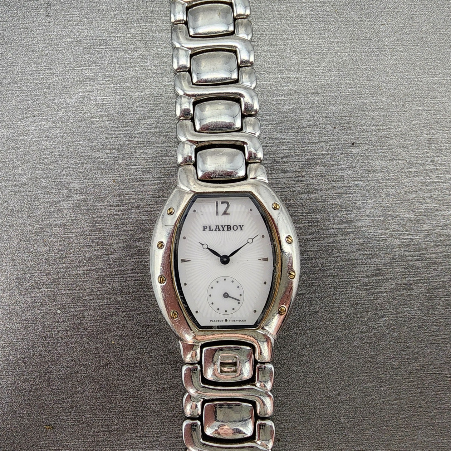 Playboy Watch Unisex 29mm White Dial Silver Tone Oval New battery MISSING CLASP0