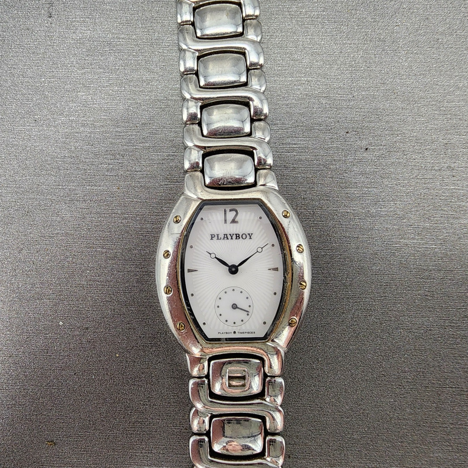 Playboy Watch Unisex 29mm White Dial Silver Tone Oval New battery MISSING CLASP0