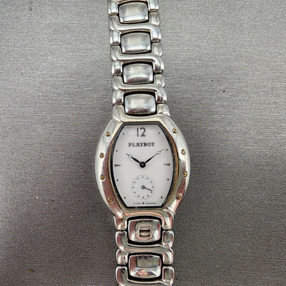 Playboy Watch Unisex 29mm White Dial Silver Tone Oval New battery MISSING CLASP0