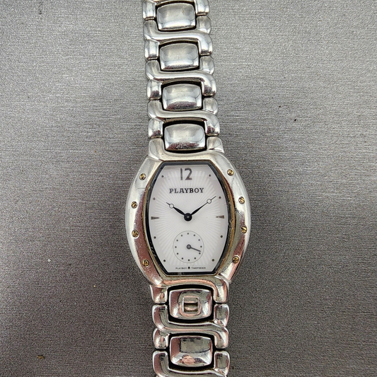 Playboy Watch Unisex 29mm White Dial Silver Tone Oval New battery MISSING CLASP0