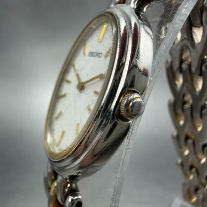 Seiko Watch Women 18mm White Dial Two Tone Oval 1N00-6G49 New Battery Vintage2
