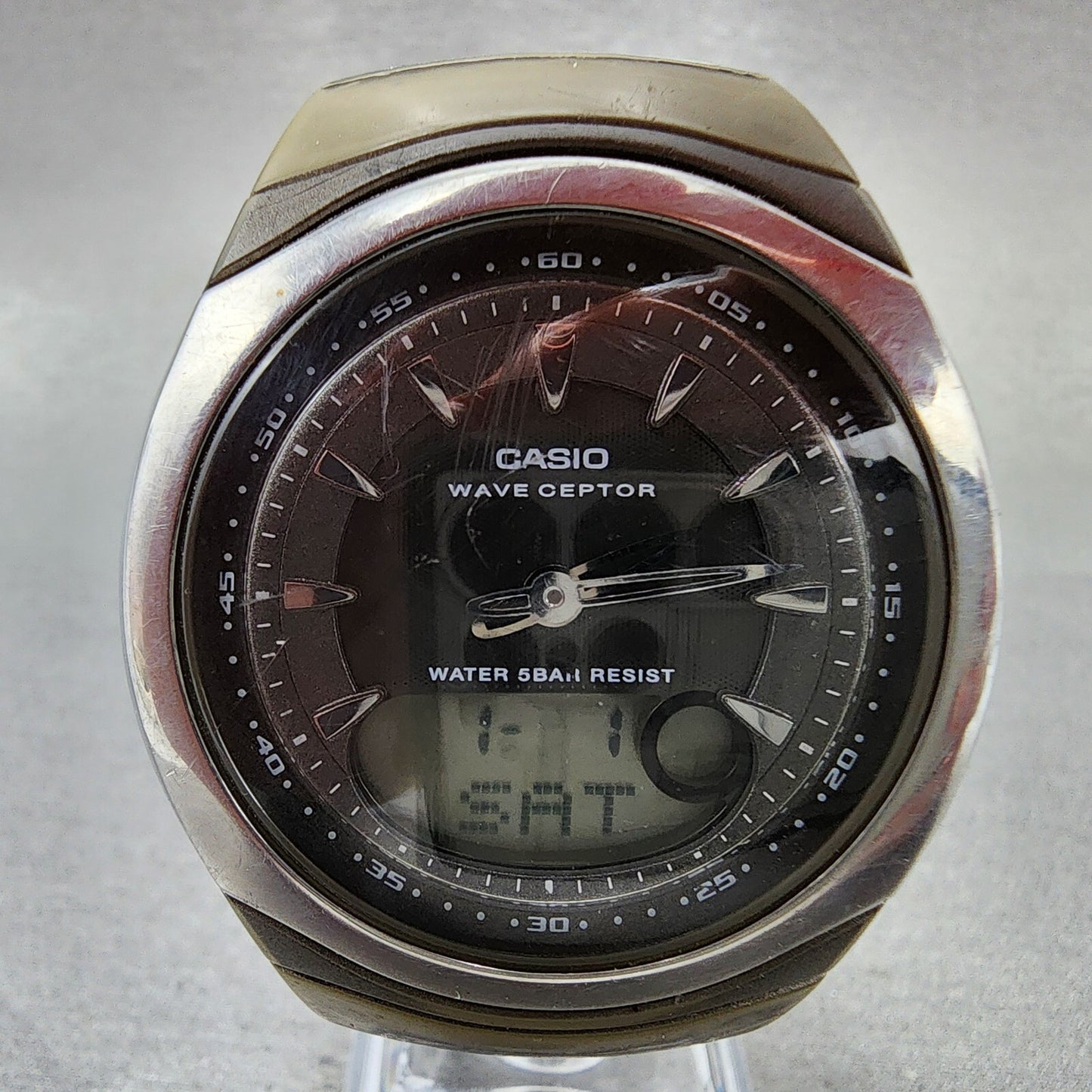 Casio Wave Ceptor Watch Men 42mm Black Dial Silver Tone Analog Digital WVA1021