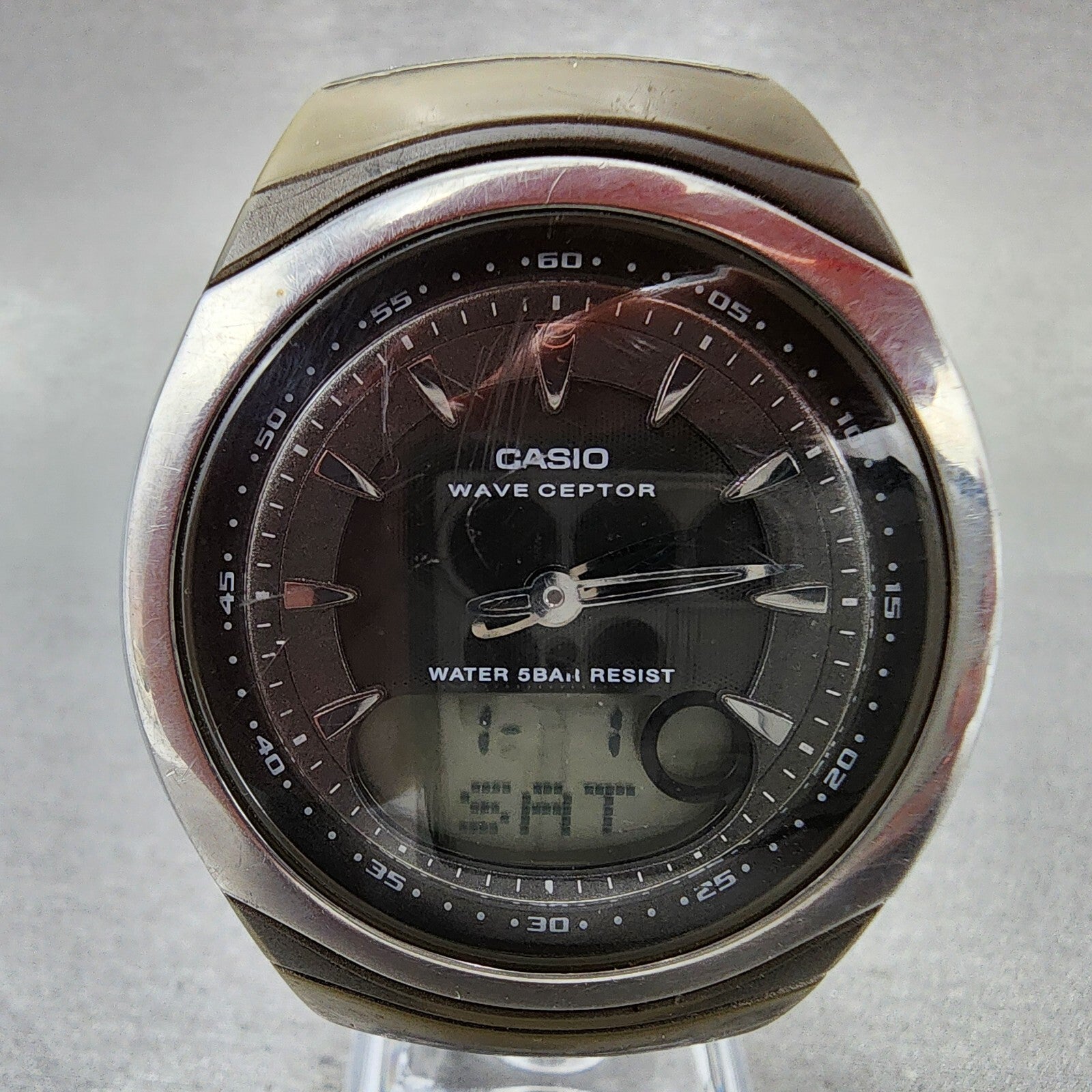 Casio Wave Ceptor Watch Men 42mm Black Dial Silver Tone Analog Digital WVA1021