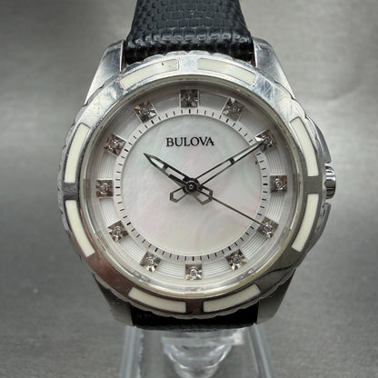Bulova Watch Women 32mm MOP Dial Silver Tone Round Diamond 98P139 New Battery0