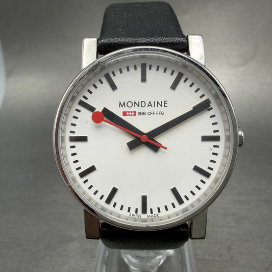 Mondaine Watch Men 35mm White Dial Steel Round Leather Band New Battery0