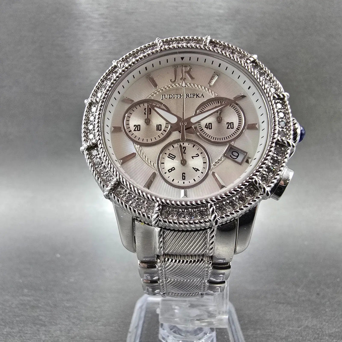 Judith Ripka Chronograph Watch Women 38mm MOP Dial Date Crystals Steel New Batt5