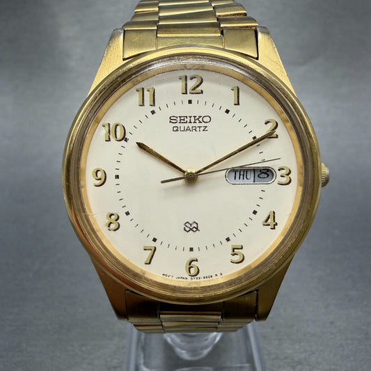 Seiko SQ Watch Men 35mm Cream Dial Gold Tone Daydate Round 5y23-8049 New Battery0