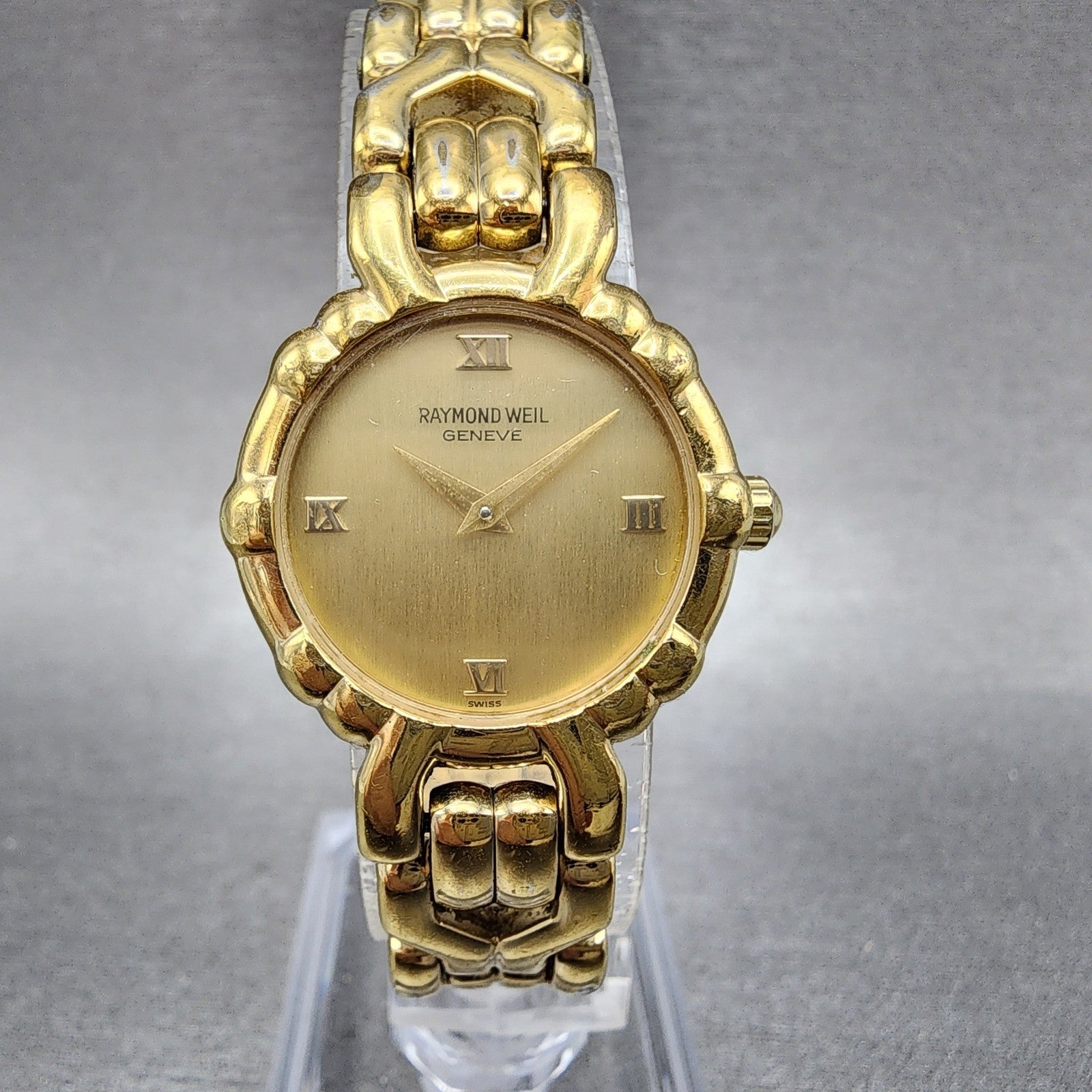 Raymond Weil Watch Women 24mm Gold Dial Gold Plated Round 3747 New Battery0