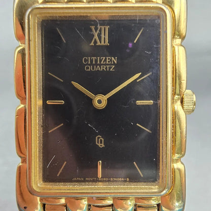 Citizen CQ Watch Men 23mm Black Dial Gold Tone Rectangle 6020-S27221 New Battery1