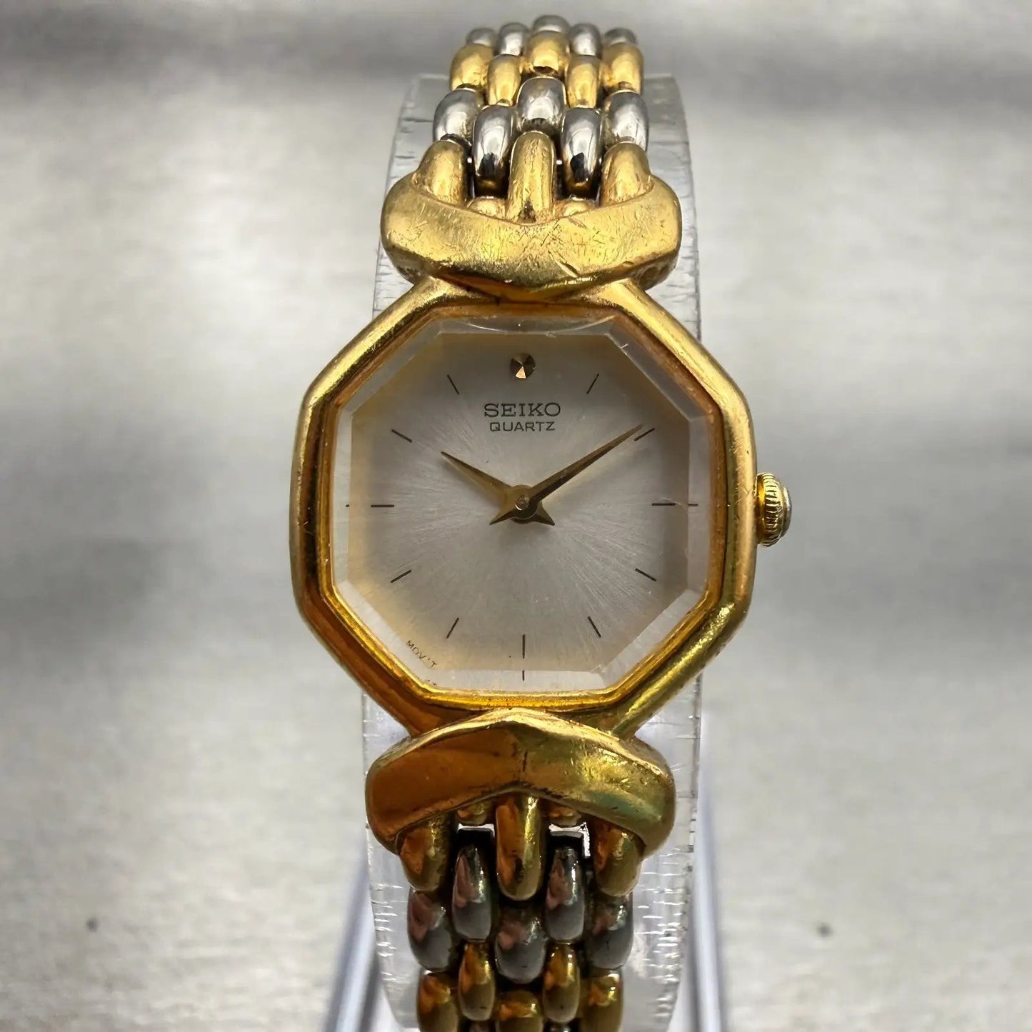 Seiko Watch Women 18mm White Dial Gold Tone Hexagon 4N00-6441 New Battery VTG0