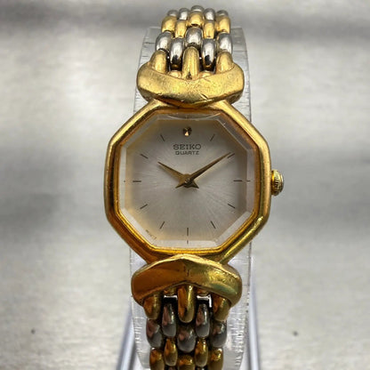 Seiko Watch Women 18mm White Dial Gold Tone Hexagon 4N00-6441 New Battery VTG0