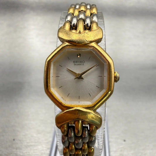 Seiko Watch Women 18mm White Dial Gold Tone Hexagon 4N00-6441 New Battery VTG0