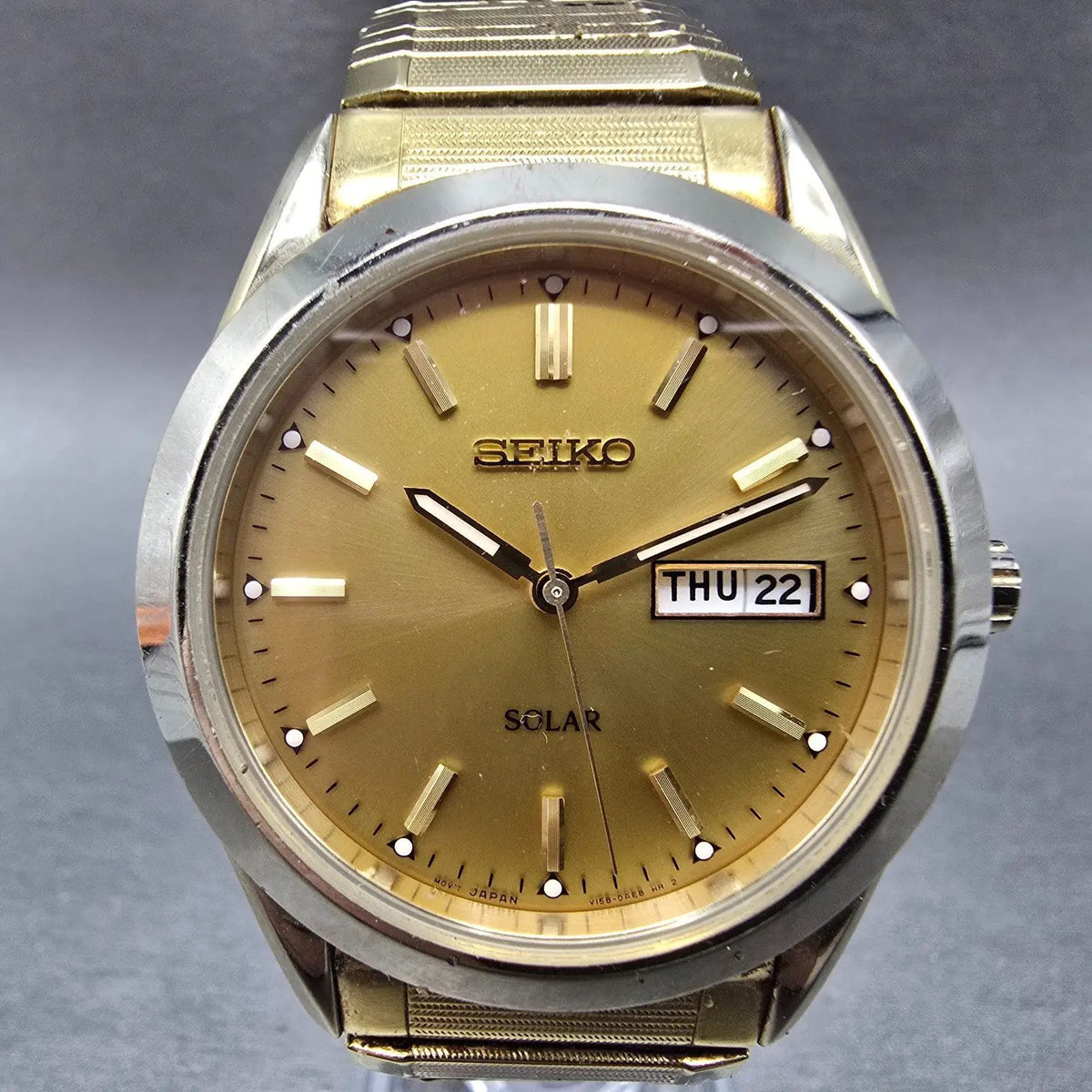 Seiko Watch Men 37mm Gold Dial Gold Tone Solar Daydate V158-0AB0 Works0