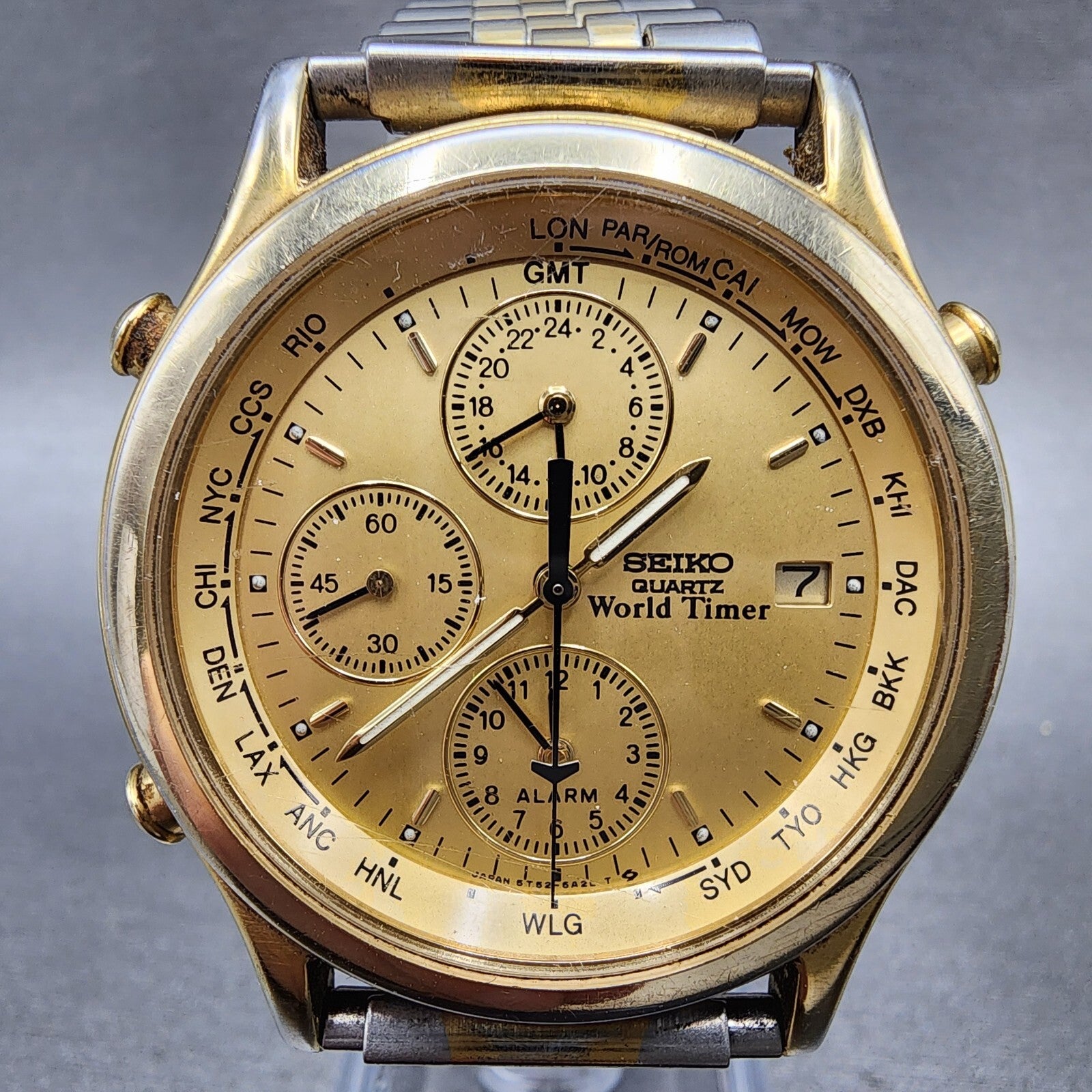 Seiko World Time Watch Men 37mm Gold Dial Gold Tone Date Alarm 5T526A29 PARTS2