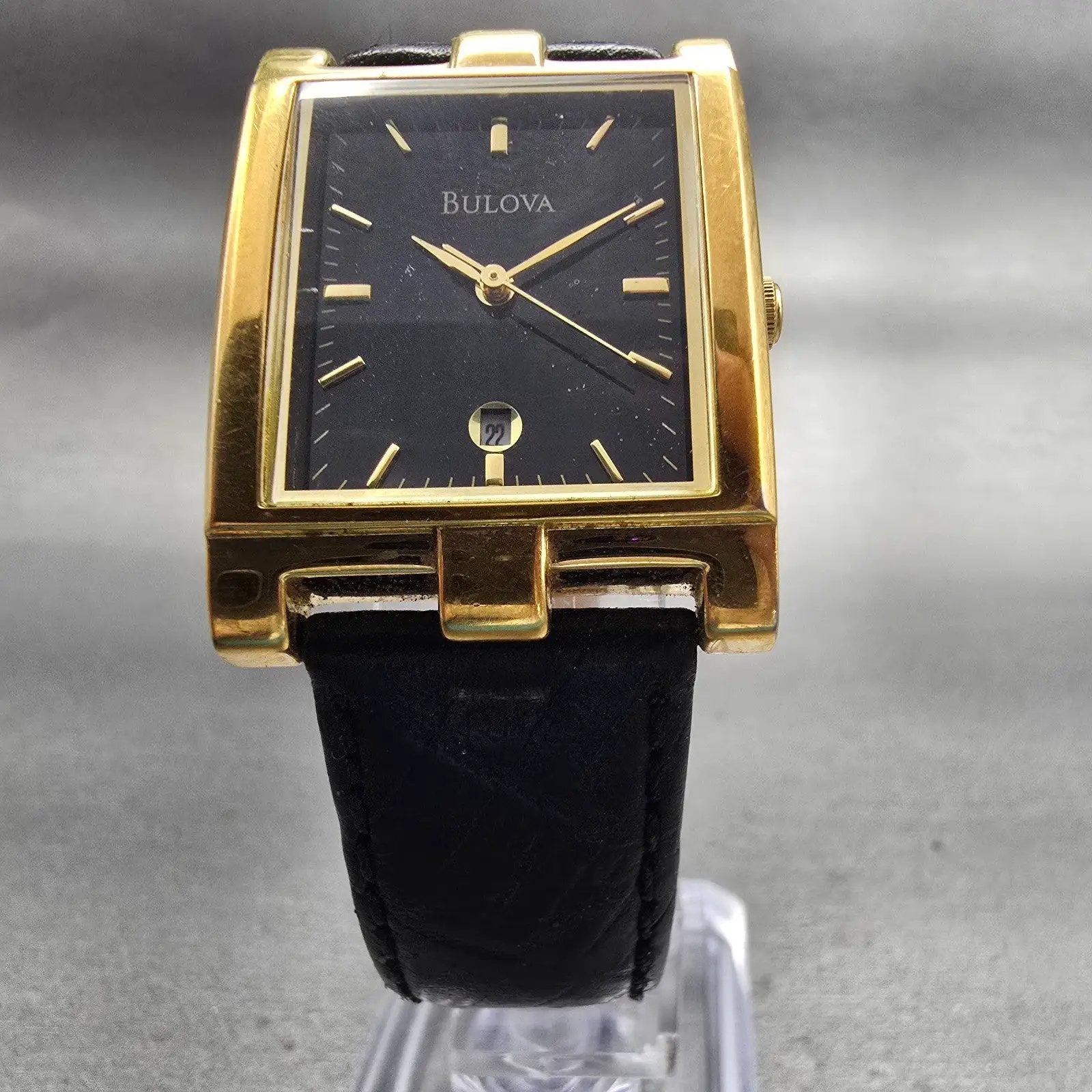 Bulova Watch Men 25mm Black Dial Gold Tone Date Rectangle New Battery 97B42 VTG5