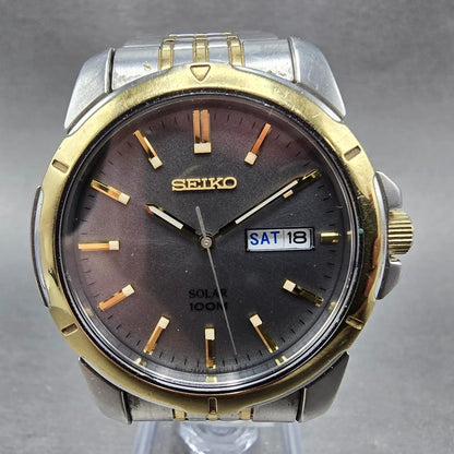 Seiko Solar Watch Men 37mm Gray Dial Two Tone Daydate Round V158-0AD0 Runs JP0
