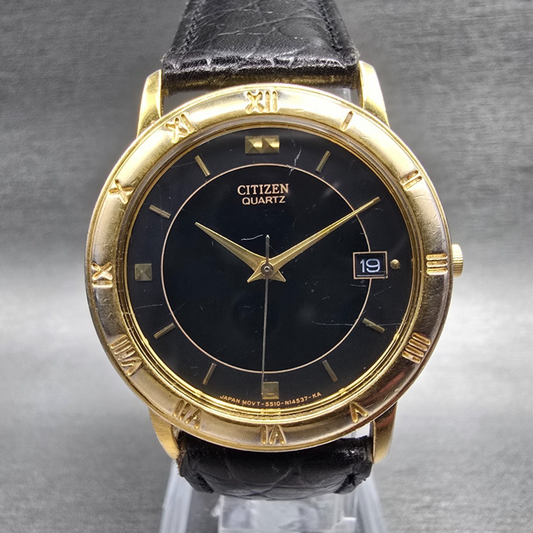 Citizen Watch Men 33mm Black Dial Gold Date Round 5510-S36963 New Battery VTG0