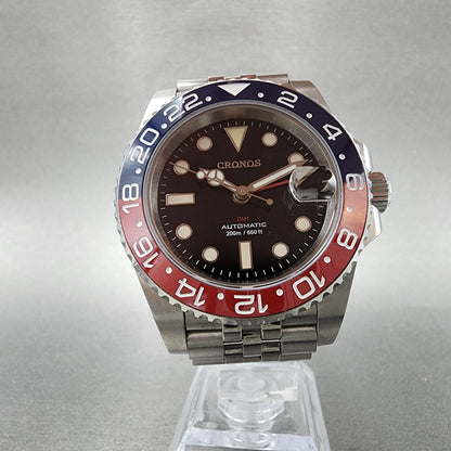Cronos Pepsi GMT Watch Men 41mm Black Dial Steel Date Automatic Round Runs