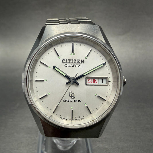 Citizen Crystron Watch Men 35mm Silver Dial Steel Daydate 4-730810 New Battery0