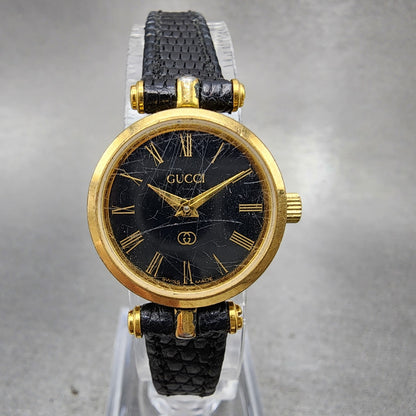 Gucci 2000L Watch Women 21mm Black Dial Gold Tone Round VTG New Battery