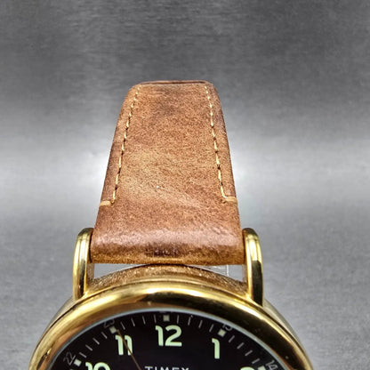 Timex Watch Men 40mm Blue Dial Gold Tone Leather TW2T20000 Indiglo New Battery5