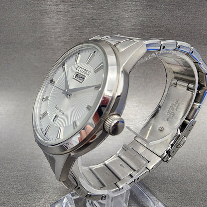 Citizen EcoDrive Watch Men 40mm White Dial Steel Daydate Round AW010051A2