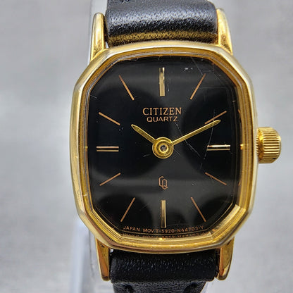 Citizen CQ Watch Women 17mm Black Dial Gold Tone Rectangle New Battery1