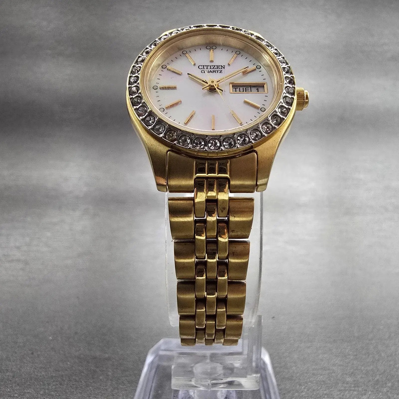 Citizen Watch Women 26mm MOP Dial Gold Tone Daydate Gemmed 1002-S044456 New Batt6