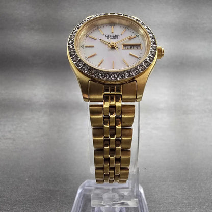 Citizen Watch Women 26mm MOP Dial Gold Tone Daydate Gemmed 1002-S044456 New Batt6