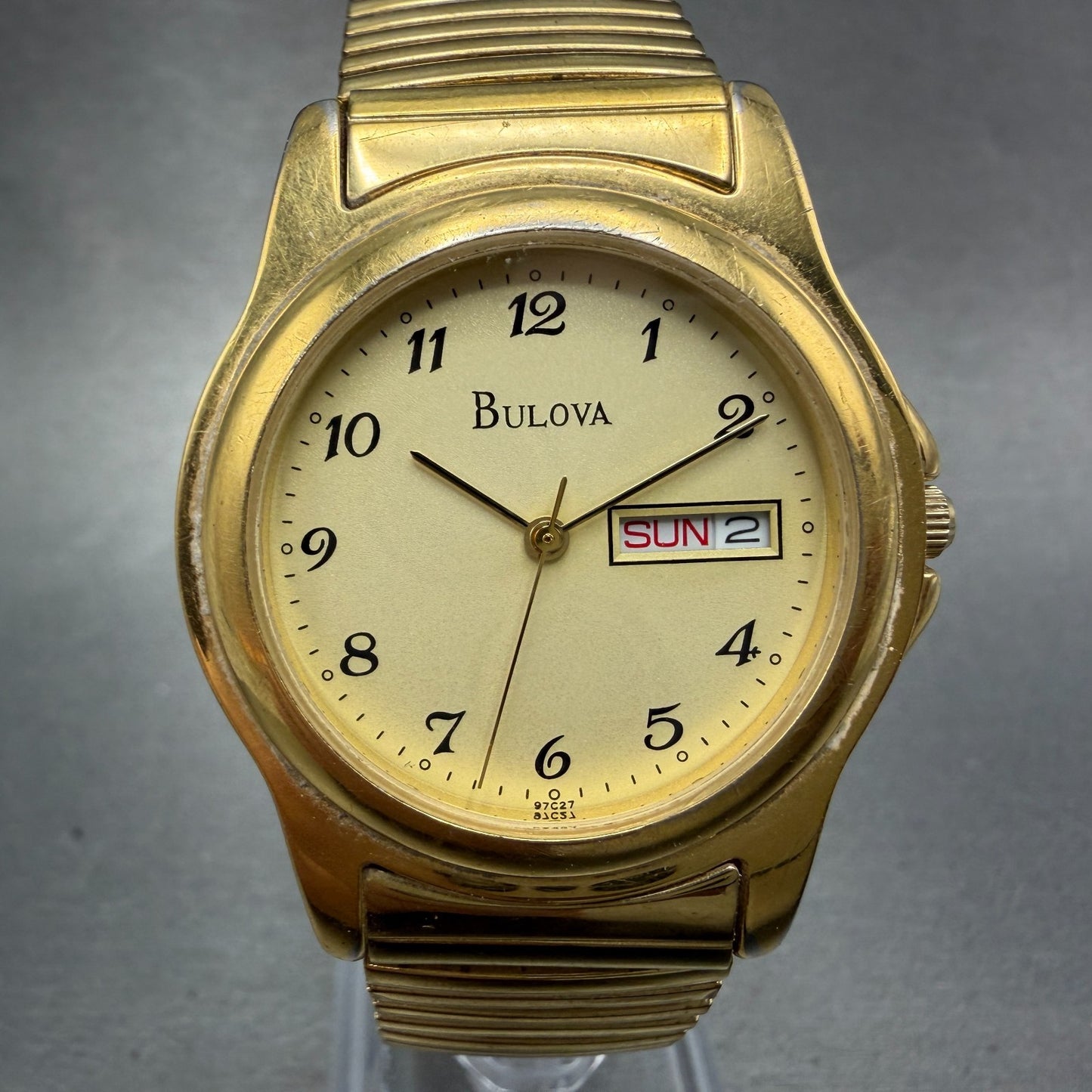 Bulova Watch Men 35mm Champagne Dial Gold Tone Daydate Round 97C27 New Battery0