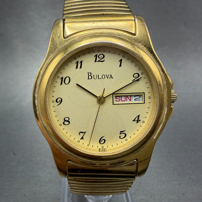 Bulova Watch Men 35mm Champagne Dial Gold Tone Daydate Round 97C27 New Battery0