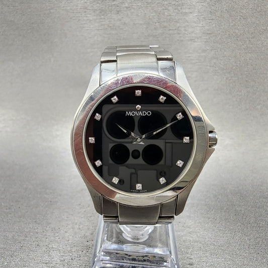 Movado Faceto Watch Men 39mm Black Dial Silver Tone 84.g2.1855 New Battery0