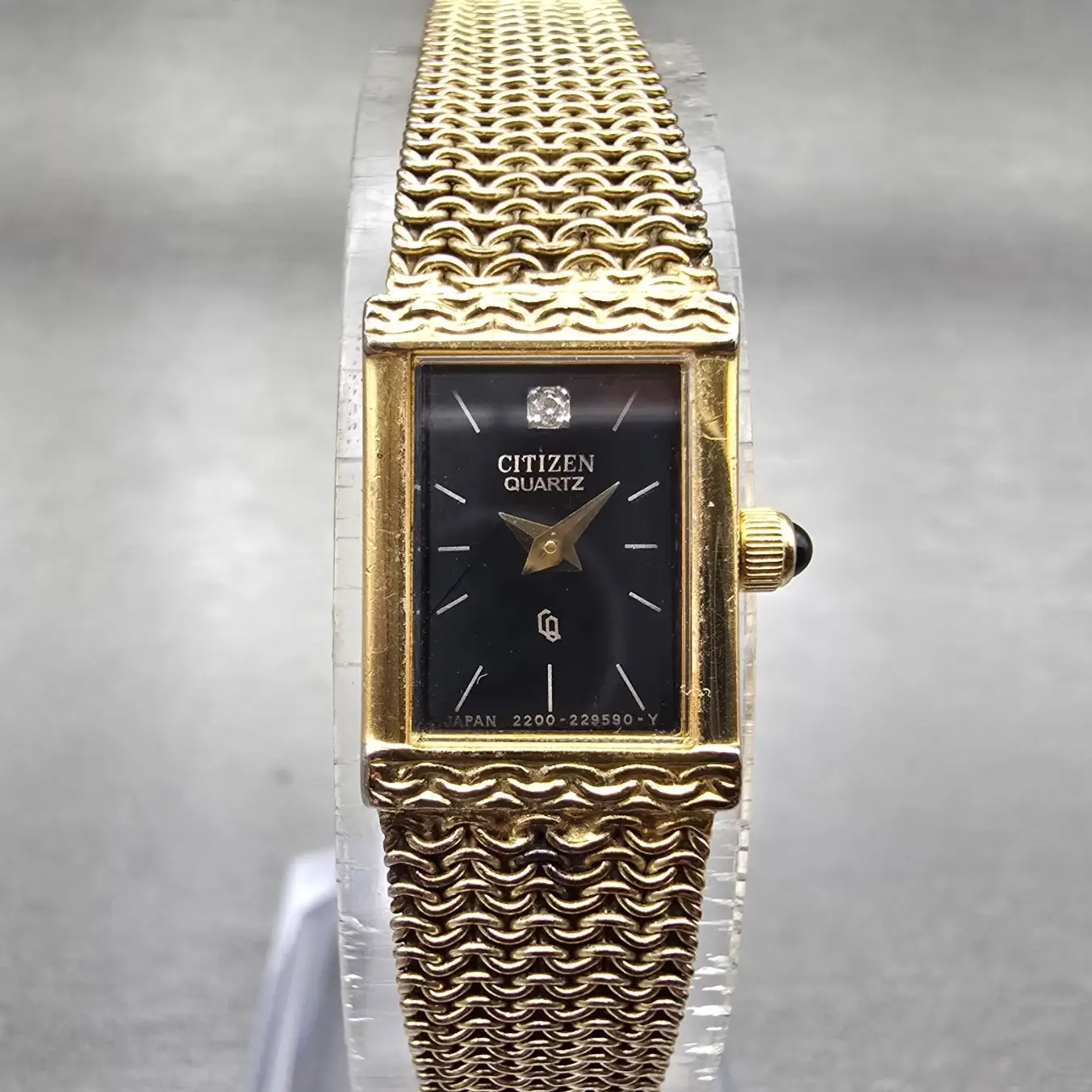 Citizen CQ Tank Watch Women 12mm Black Dial Gold Tone Rectangle Mesh band NewBat0