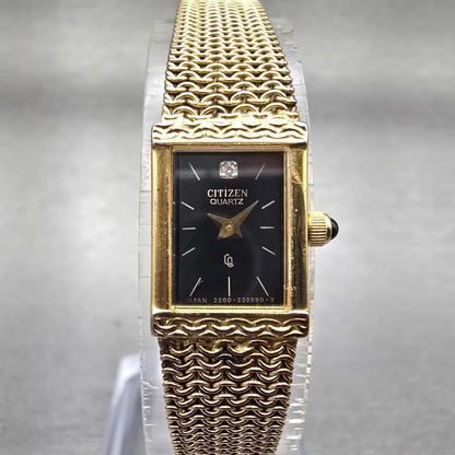 Citizen CQ Tank Watch Women 12mm Black Dial Gold Tone Rectangle Mesh band NewBat0