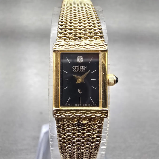 Citizen CQ Tank Watch Women 12mm Black Dial Gold Tone Rectangle Mesh band NewBat0