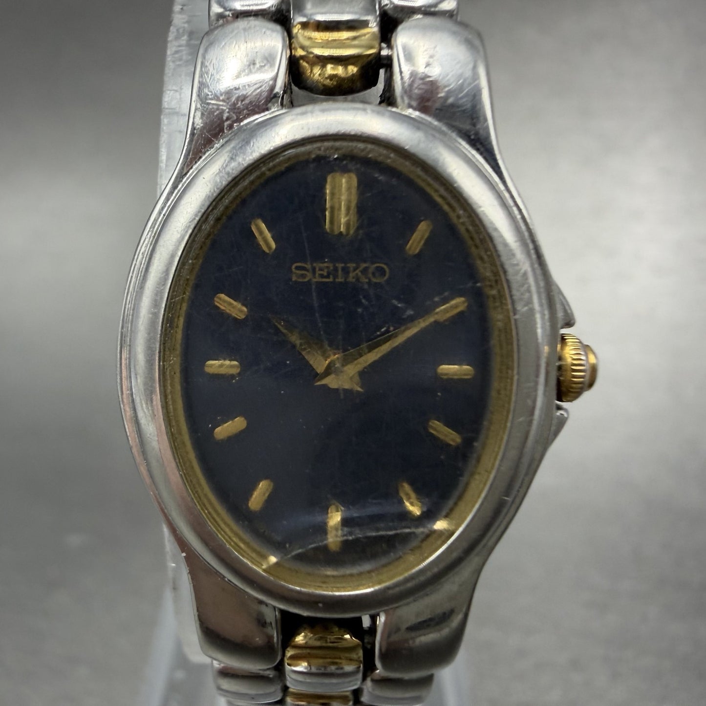 Seiko Watch Women 20mm Blue Dial Two Tone Oval 1N00-6T20 New Battery Vintage1