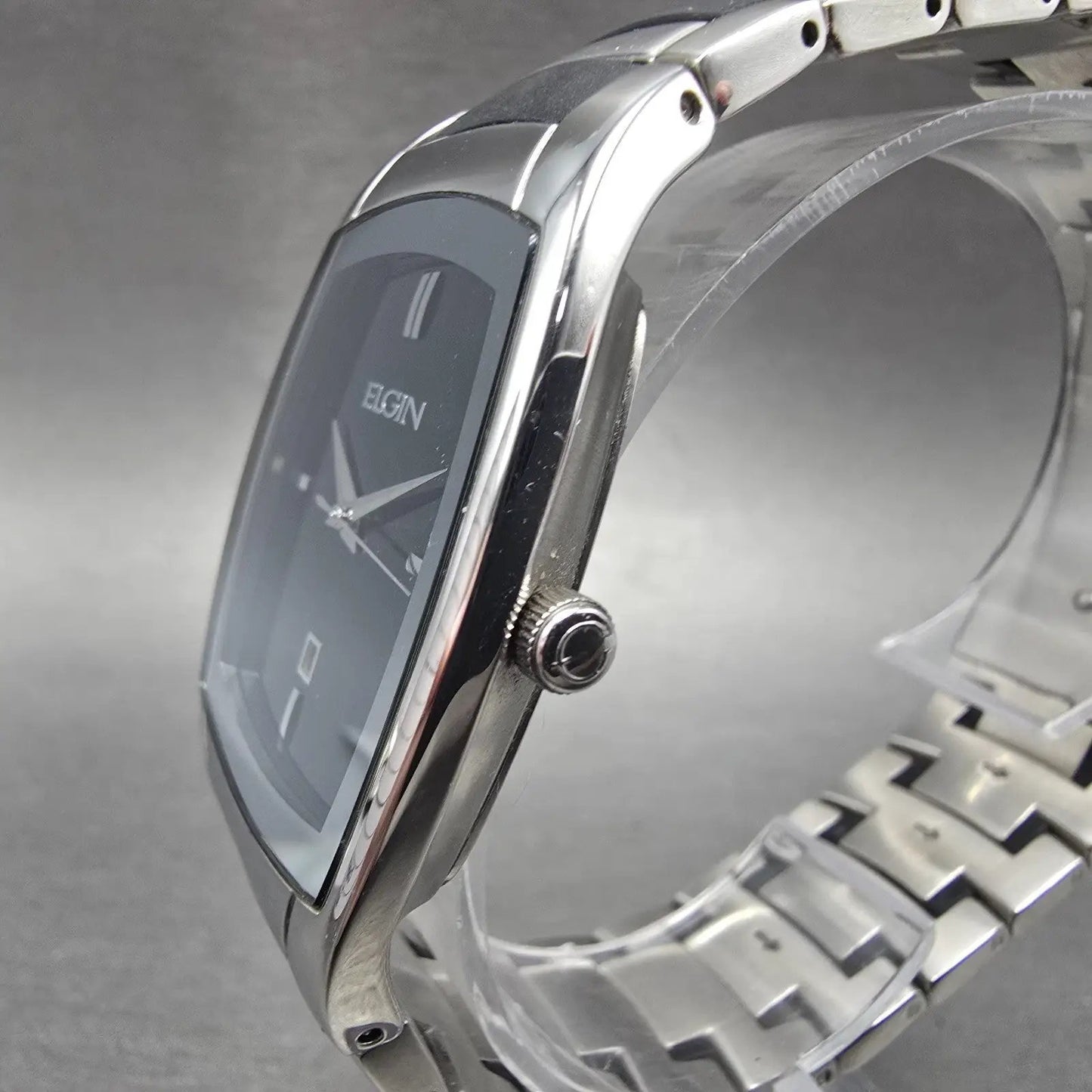 Elgin Tank Watch Men 34mm Black Dial Silver Tone Date Rectangle EG453 NewBattery2