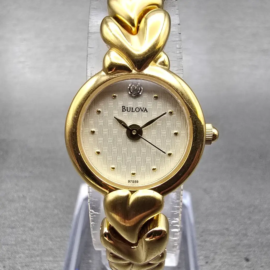 Bulova Watch Women 20mm Cream Dial Gold Tone Round Hearts 97S59 New Battery0