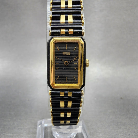 Seiko Tank Watch Women 14mm Black Dial Black & Gold Tone 2e205379 New Battery0